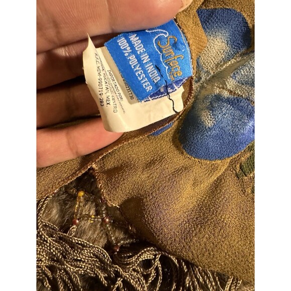 SHAWL BIKINI COVER UP FRINGE SHEER BROWN BEADS HAND PAINTED SCARF SURFACE VTG - Picture 3 of 9